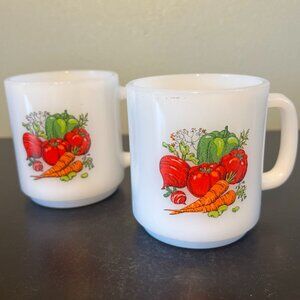 Set of 2 Vtg GLASBAKE White Milk Glass Mugs ~ Vegetable Garden Harvest  ~ 1960s